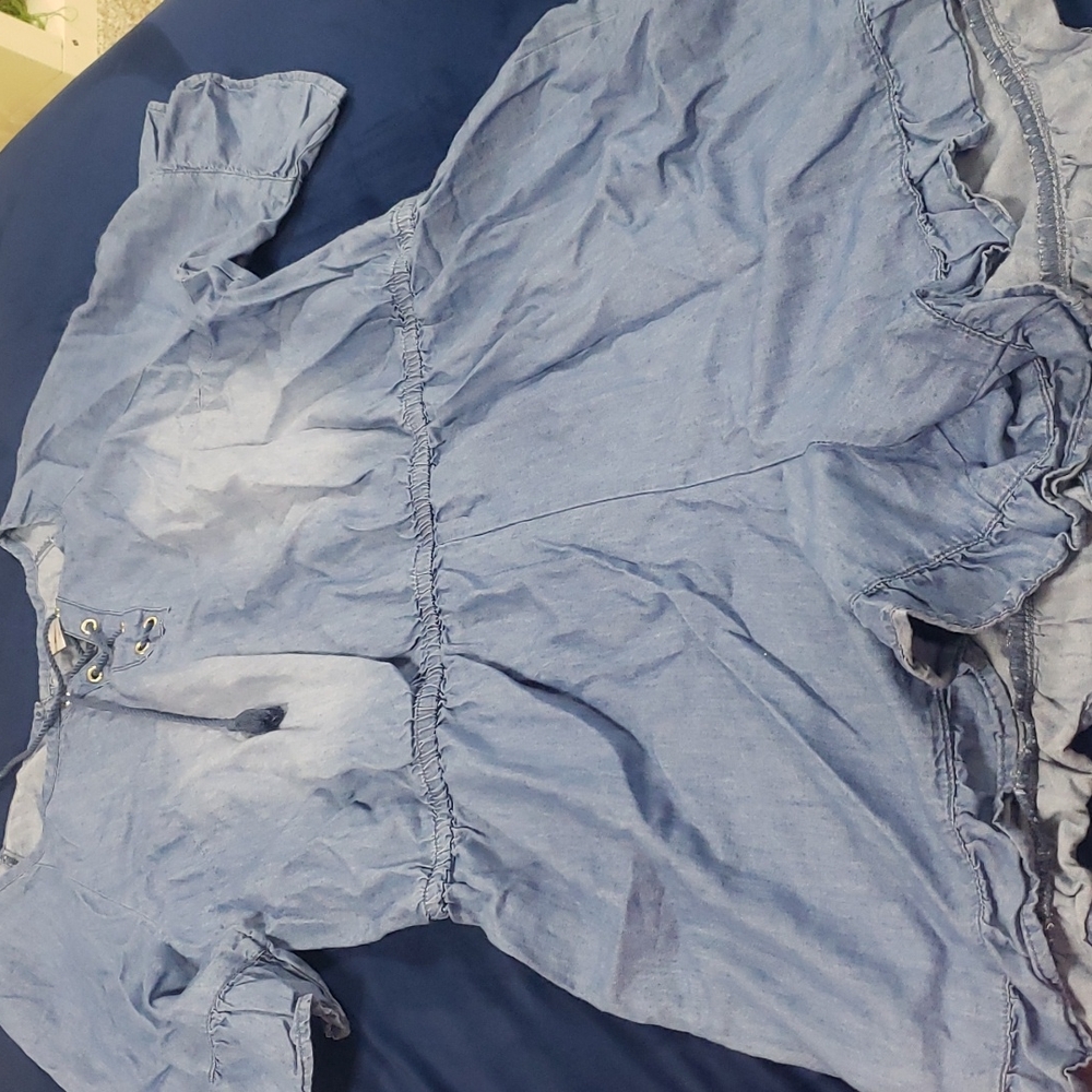 Denim romper.  Too cute.  2 small green stains on back.  Size 20 plus